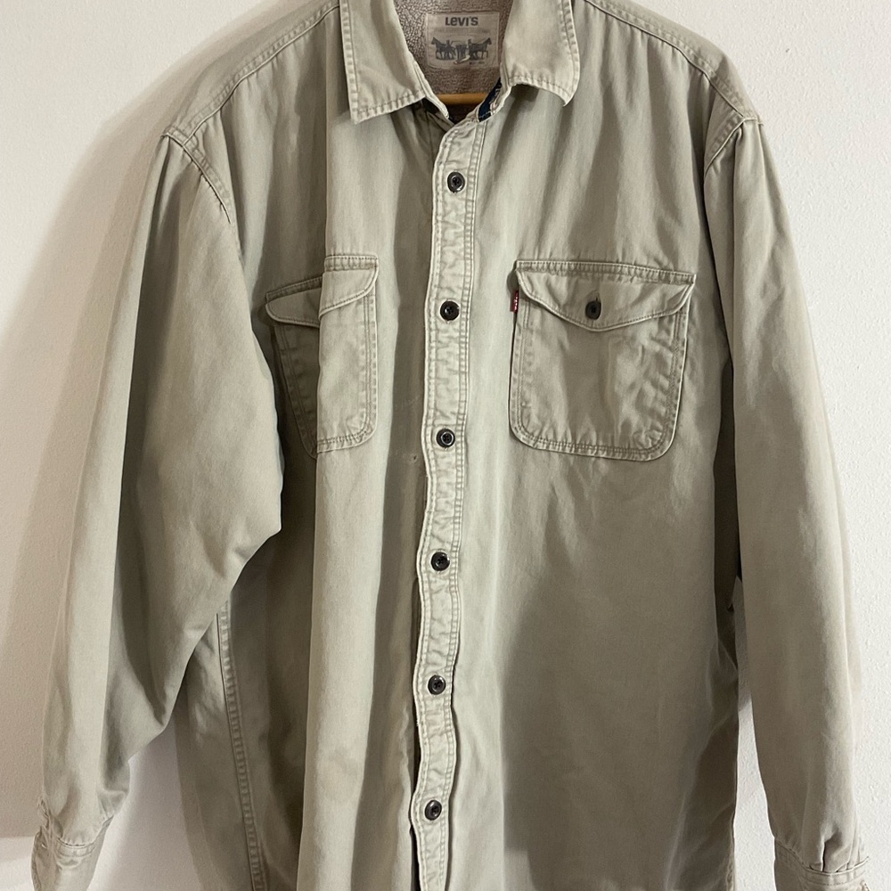 Levi’s Mens Size XL Khaki Fleece Sherpa Lined Button Down Shacket Vintage 2013 - Picture 2 of 15